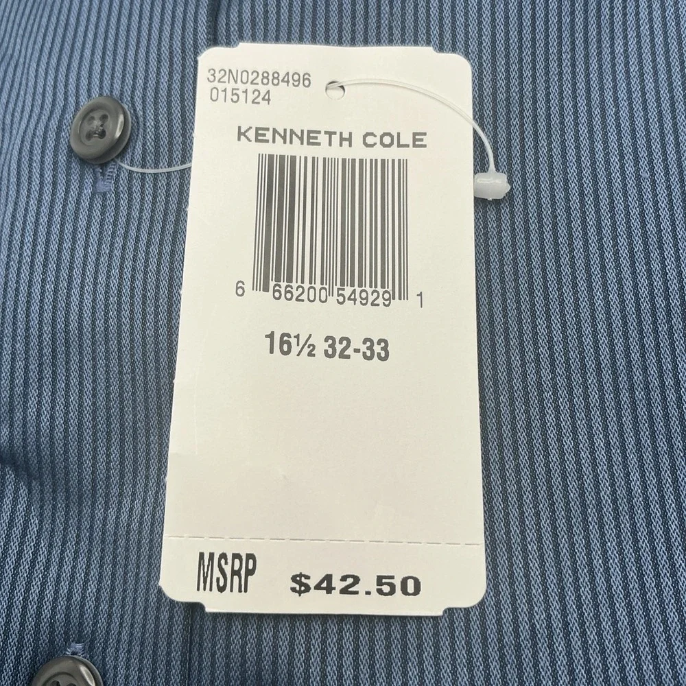 NWT Kenneth Cole NY Slim Fit Stretch Blue Dress Shirt L 16.5 33/33 Black Stripes